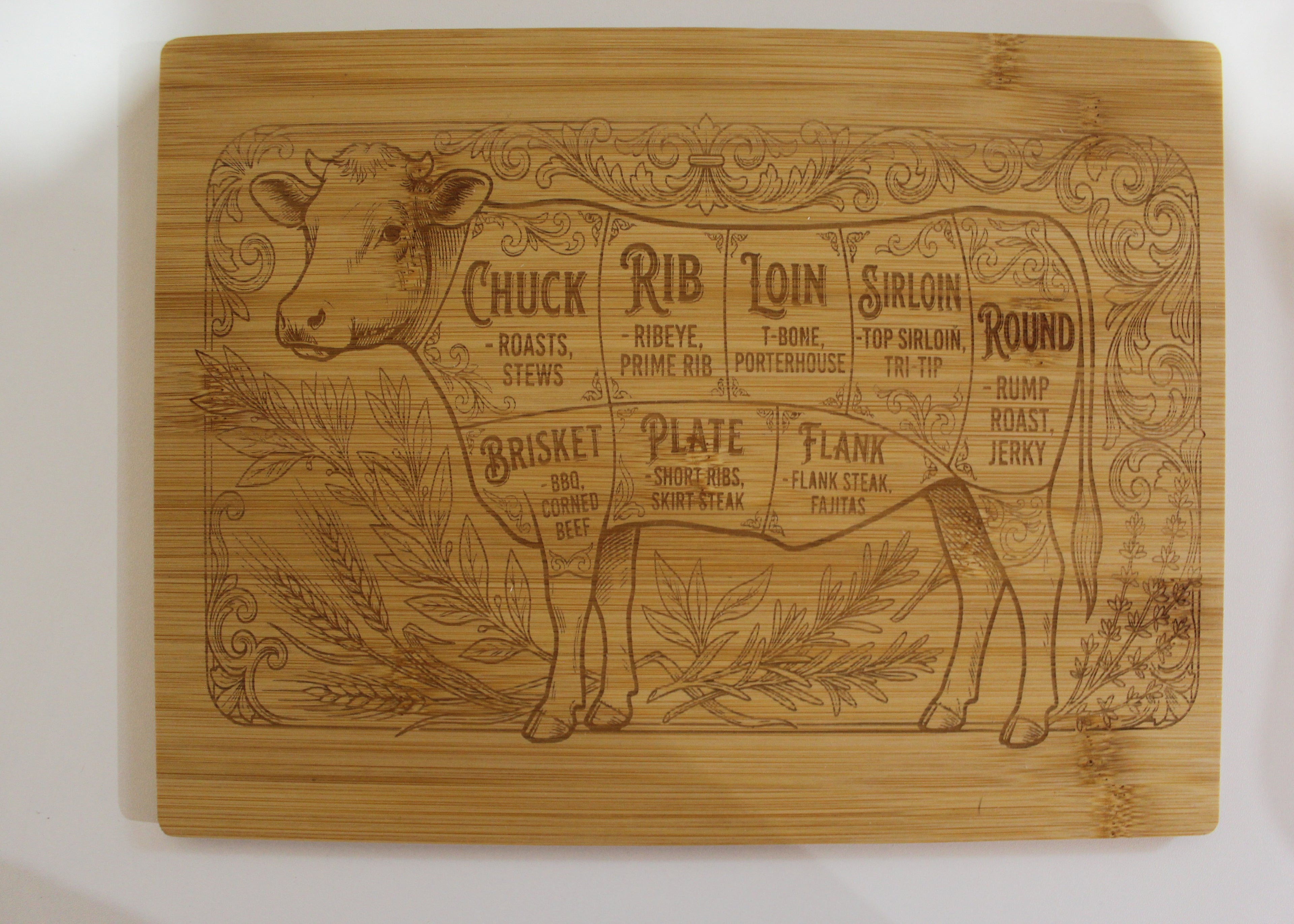 Beef cut 12x9 bamboo cutting board
